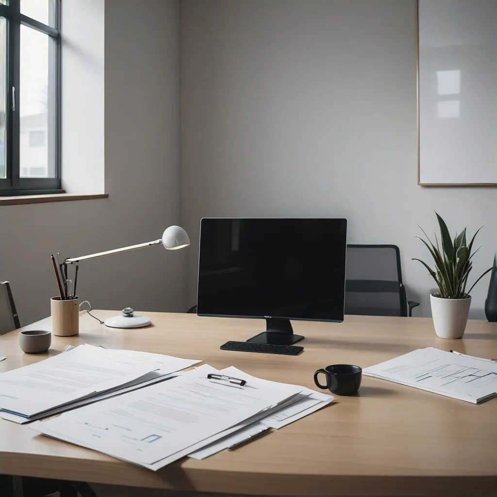 A professional and modern image depicting a business environment related to accounting services in Belarus. The scene includes a friendly and approachable professional sitting at a desk with accounting-related documents, computer, and stationery items visible. The background suggests an office setting, emphasizing communication and accessibility, reflecting the contact theme of the section. The elements in the image should convey trust, reliability, and readiness to assist, aligning with the website's focus on accounting services.