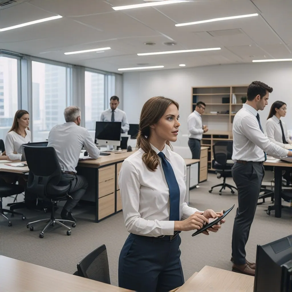 The image should depict a diverse group of satisfied clients engaging with a professional accountant in an office setting. The scene should convey a sense of trust and satisfaction, highlighting the quality of accounting services provided by nutokogia. Key elements include clients of different backgrounds, a professional accountant, and subtle elements that suggest a modern and efficient workplace, such as a computer, documents, and office accessories, to emphasize the reliability and competence of the services.